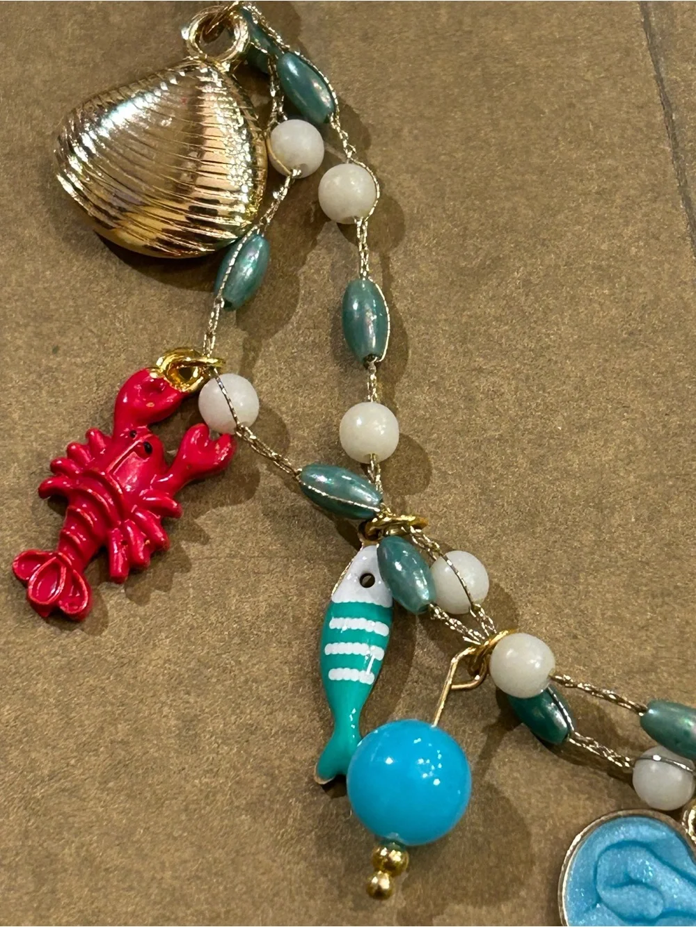 NWOT Necklace “1 Fish, 2 Fish, Red Fish…enamel Sea Life Charms, Aqua white beads